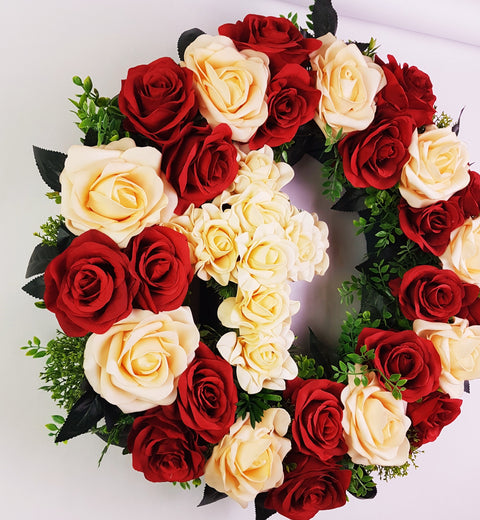 "Gracing In Faith" Tombstone Wreath and Cross Tribute-21"Diameter-AVAILABLE IN 3 COLOUR OPTIONS