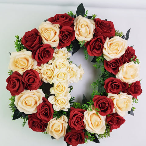"Gracing In Faith" Tombstone Wreath and Cross Tribute-21"Diameter-AVAILABLE IN 3 COLOUR OPTIONS