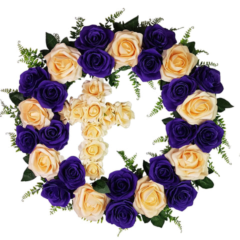 "Gracing In Faith" Tombstone Wreath and Cross Tribute-21"Diameter-AVAILABLE IN 5 COLOUR OPTIONS
