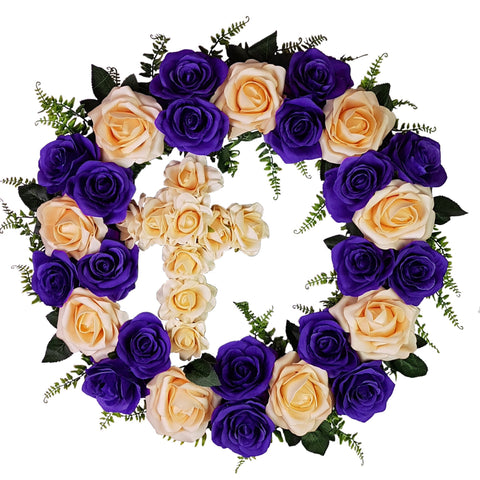 "Gracing In Faith" Tombstone Wreath and Cross Tribute-21"Diameter-AVAILABLE IN 5 COLOUR OPTIONS