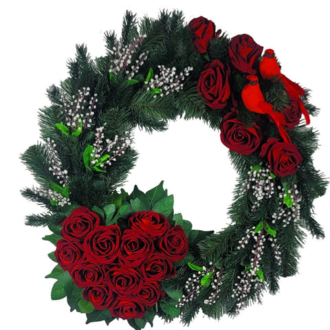 NEW-SALE-"Cardinals & Roses" Tombstone Wreath-22"D