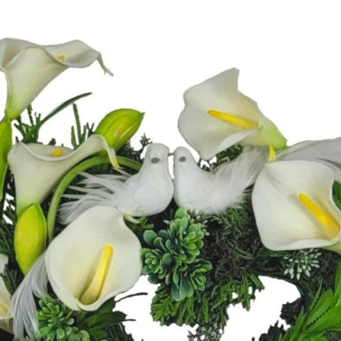 "NEW"-"White Callas and Doves" Mausoleum Heart Tribute-15" Height.
