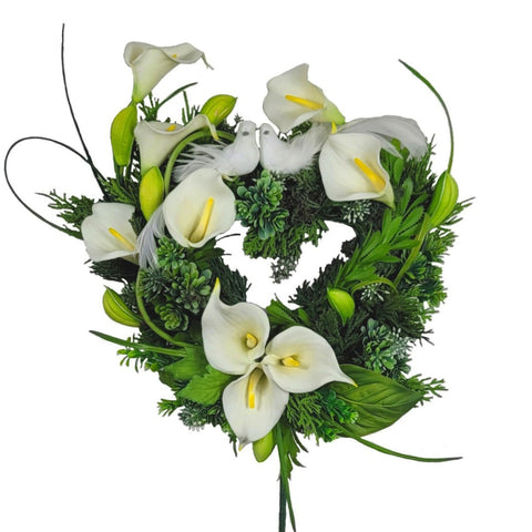 "NEW"-"White Callas and Doves" Mausoleum Heart Tribute-15" Height.