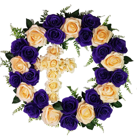 "Gracing In Faith" Tombstone Wreath and Cross Tribute-21"Diameter-AVAILABLE IN 3 COLOUR OPTIONS
